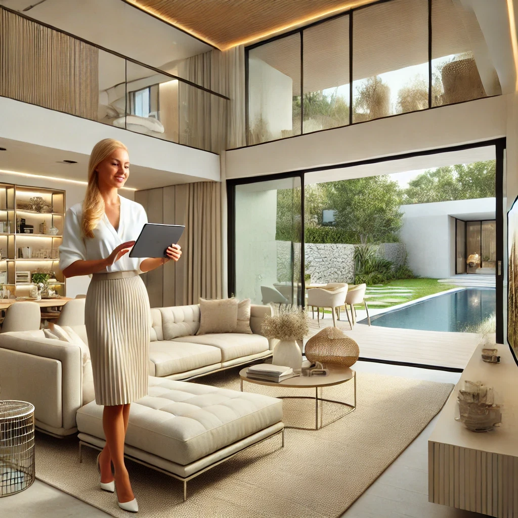 DALL·E 2024-11-06 12.40.34 - A blonde female real estate agent having a video call to present a luxurious modern house. She stands in a bright, elegant living room with beige and Luxury Real Estate Investment